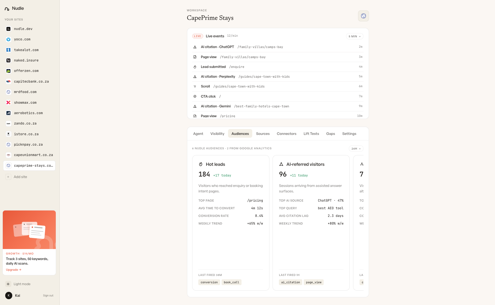 Nudle audiences dashboard showing hot leads and AI-referred visitor segments